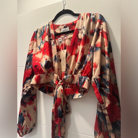 ACOA red & tan holiday dinner date cropped tie long sleeve blouse sexy NWT M - Picture 10 of 15